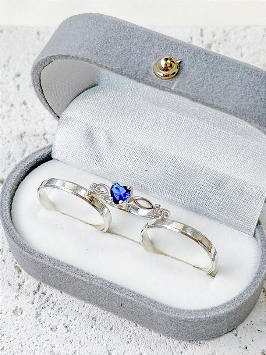 Par de Aliança Chanfrada + Solitário Love Azul Royal - Prata 950