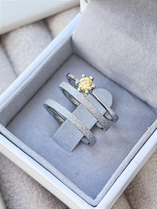 Par de Aliança diamantada 2mm + solitário Amarelo - Aço Inox