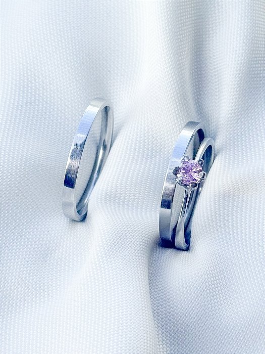 Par de Aliança Holanda 2mm + Solitário Rosa - Aço Inox
