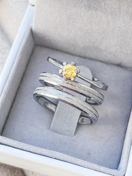 Par de Aliança Joy 3mm + Solitário Amarelo - Aço Inox