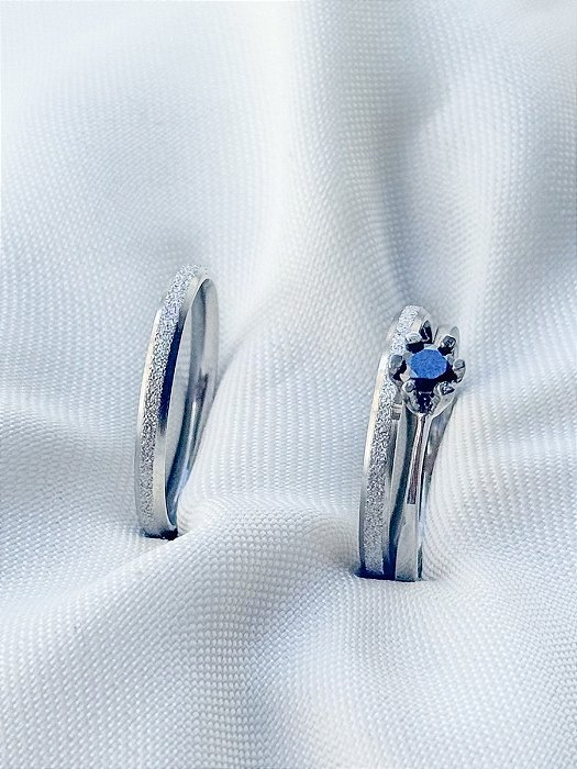 Par de aliança diamantada lover 2mm + Solitário Preto - Aço Inox
