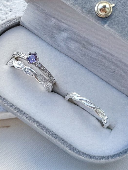 Par de Aliança Mônaco com pedra + Solitário Romantic Roxo - Prata 950