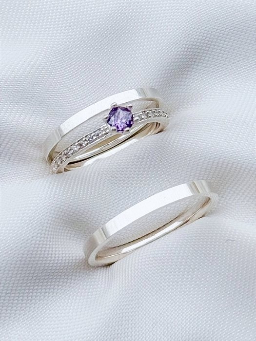 Par de Aliança Holanda 2mm + Solitário Romantic Roxo - Prata 950