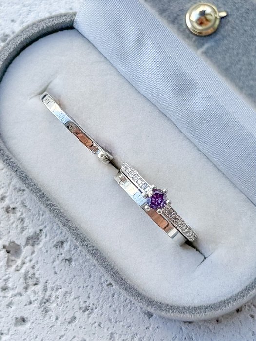 Par de Aliança Holanda 2mm + Solitário Romantic Roxo - Prata 950
