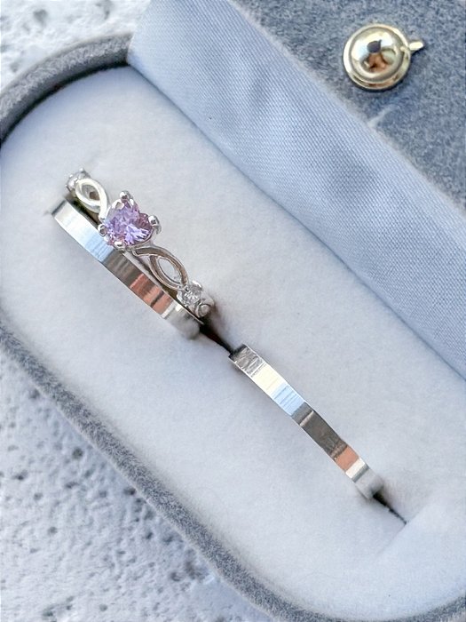 Par de Aliança Holanda 2mm + Solitário Love Rosa Claro - Prata 950