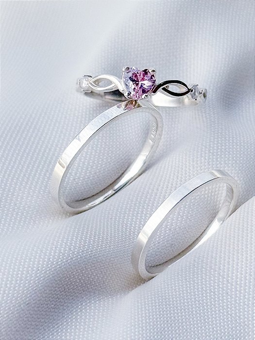 Par de Aliança Holanda 2mm + Solitário Love Rosa Claro - Prata 950