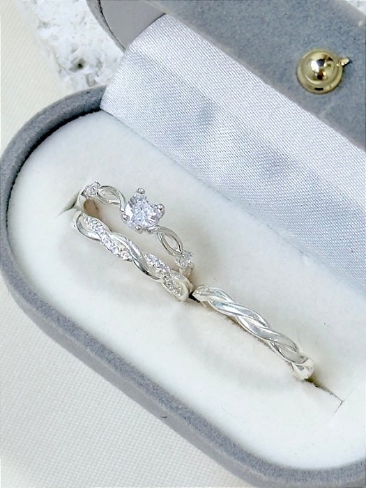 Par de Aliança Mônaco com pedra + Solitário Love Cristal - Prata 950