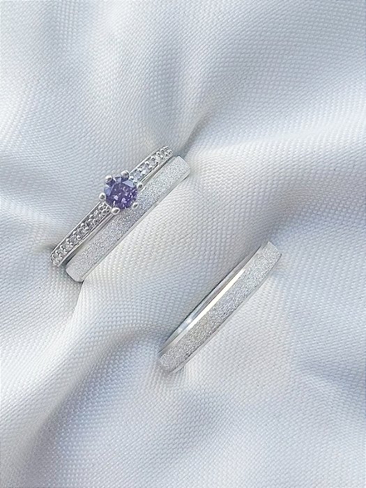 Par de Aliança Diamantada + Solitário Romantic Roxo - Prata 950