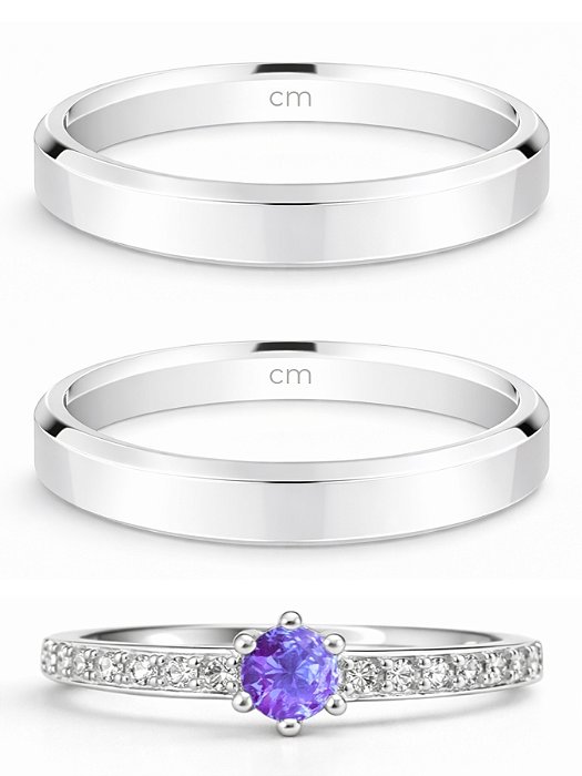 Par de Aliança Chanfrada + Solitário Romantic Roxo - Prata 950