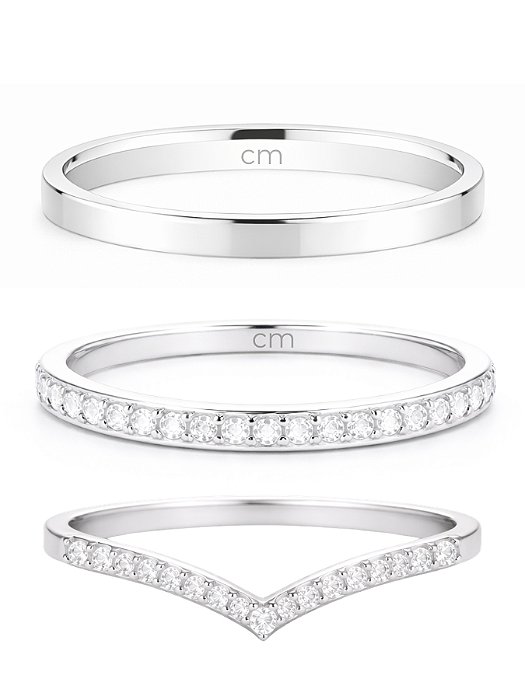 Par de aliança Polônia com pedra + Solitário cravejado em V - Prata 950