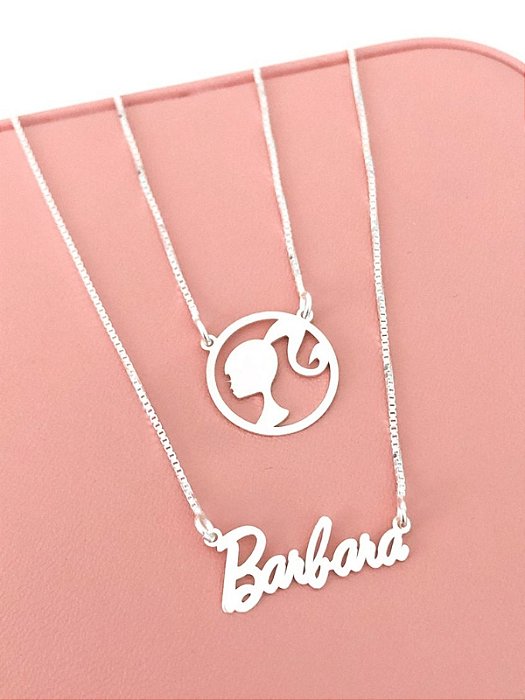 Escapulário Nome Fonte Barbie + Medalha Barbie Vazada - Prata 925