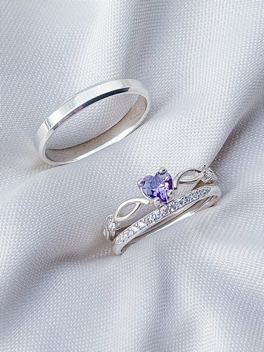 Par de Aliança França Cristal com pedra + Solitário Love Roxo - Prata 950