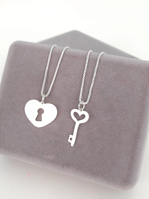 Colar Chave e Cadeado Coração (PAR) - Prata 925
