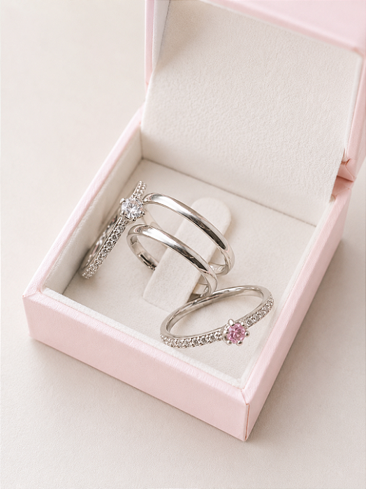 Par de Aliança Julieta 2mm + Solitários Romantic - Prata 950