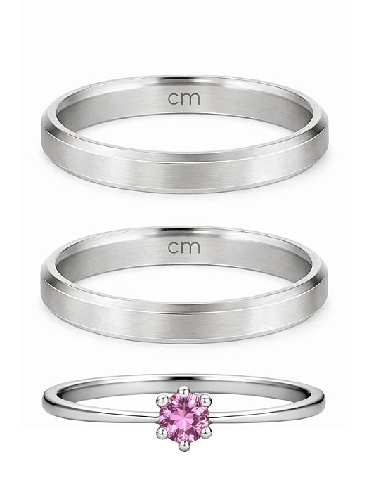 Par de Aliança Chanfrada + Solitário Rosa - Aço Inox
