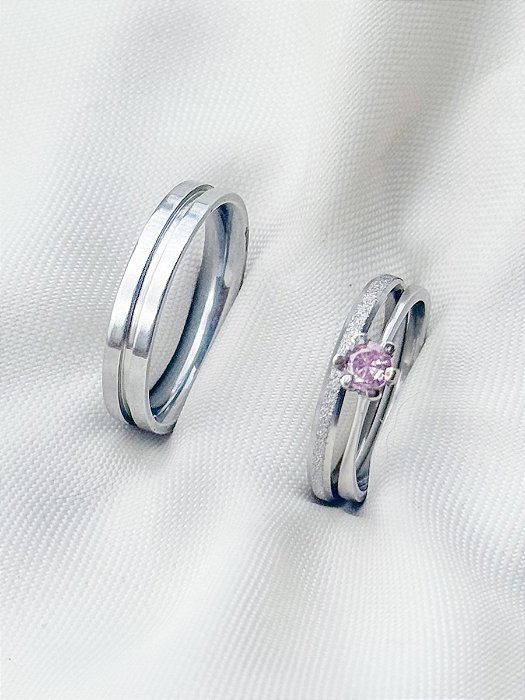 Par de aliança minilover e friso + Solitário rosa - Aço Inox