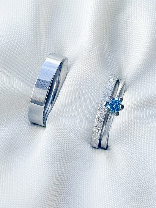 Par de Aliança Snow 2mm e 4mm + Solitário azul - Aço Inox