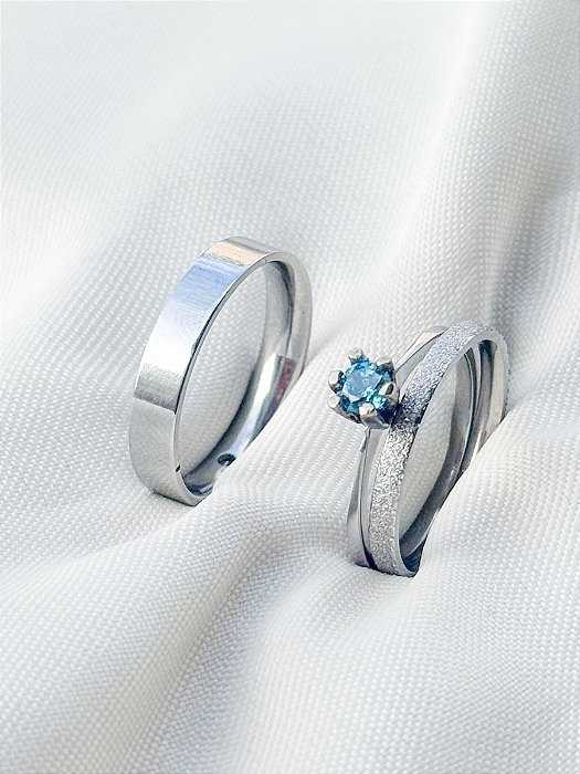 Par de Aliança Snow 2mm e 4mm + Solitário azul - Aço Inox