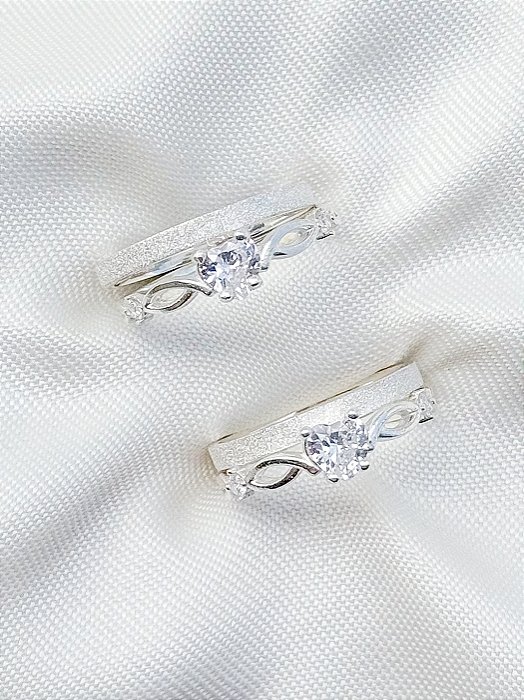 Par de aliança diamantada + Solitários Love Cristal - Prata 950