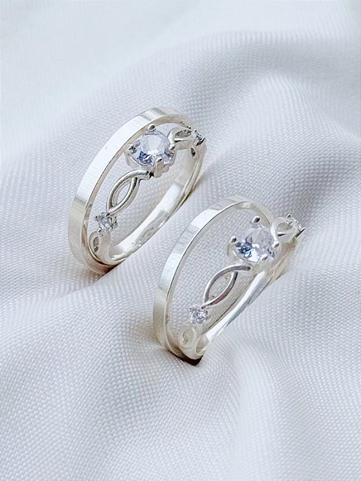 Par de Aliança Holanda 2mm + Solitários Love cristal - Prata 950
