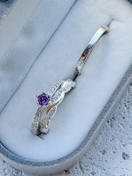 Par de Aliança Mônaco com pedra e Holanda + Solitário Romantic roxo - Prata 950