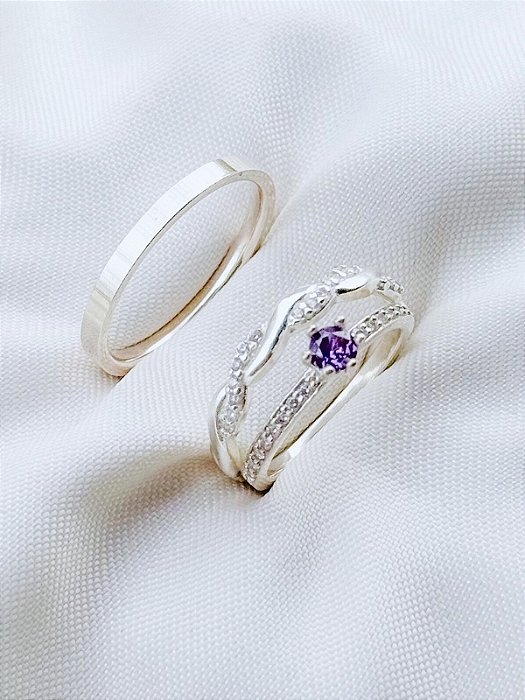 Par de Aliança Mônaco com pedra e Holanda + Solitário Romantic roxo - Prata 950