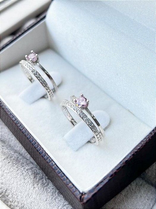 Par de Aliança Bella + Solitários Rosa - Prata 950