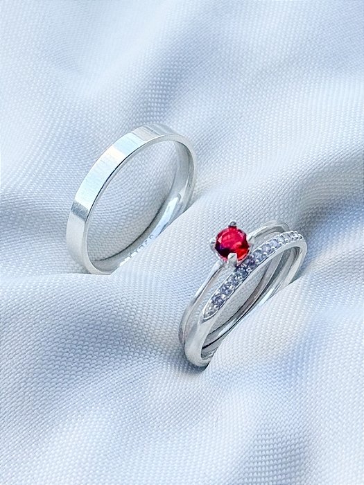 Par de Aliança Polonia meia volta com pedra + Solitário encanto Vermelho - Prata 950
