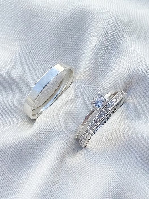 Par de Aliança Polonia 3mm com pedra + Solitário encanto - Prata 950