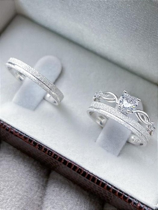 Par de Aliança Delicate 3mm + Solitário Love cristal - Prata 950