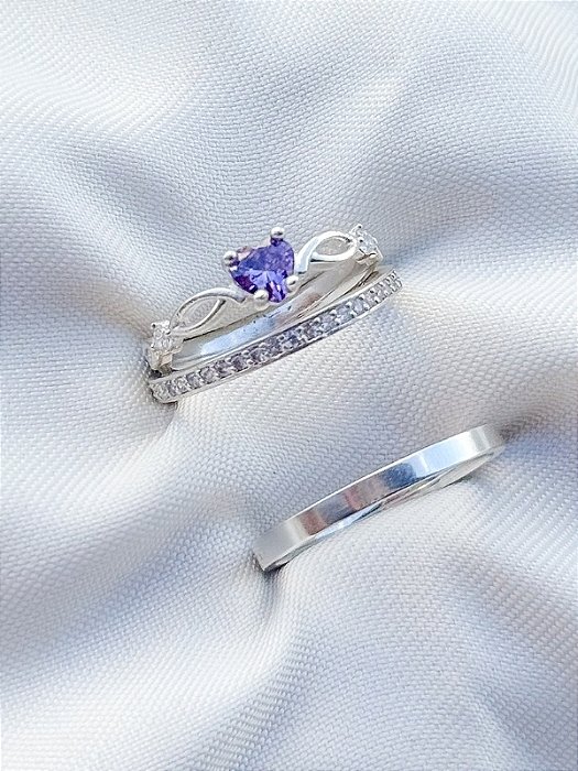 Par de alianças Polônia com pedra + Solitário Love roxo - Prata 950