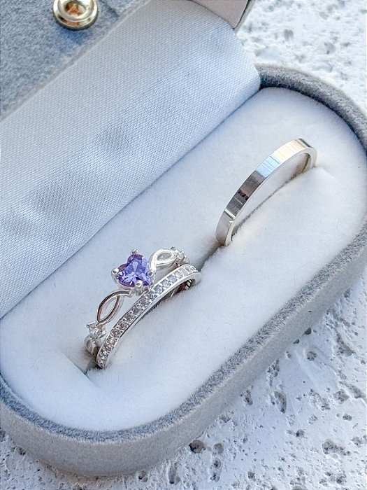 Par de alianças Polônia com pedra + Solitário Love roxo - Prata 950
