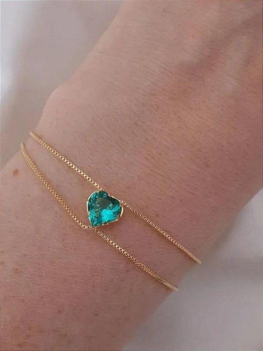 Pulseira coração zircônia verde - Folheado a ouro