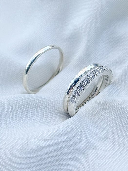 Par de Aliança Julieta 2mm + Solitário Pace Cristal - Prata 950