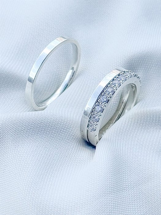 Par de Aliança Holanda 2mm + Solitário Pace cristal - Prata 950