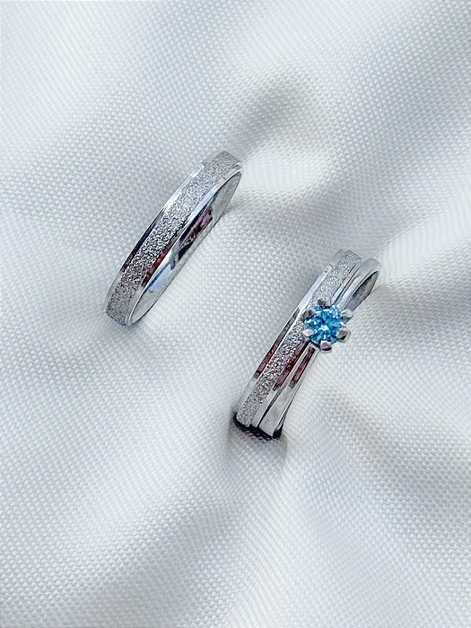 Par de aliança diamantada 3mm + solitário Azul - Aço Inox