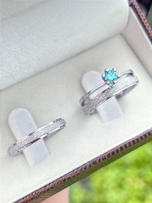 Par de aliança diamantada 3mm + solitário Azul - Aço Inox