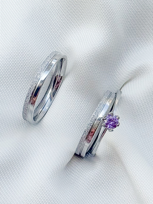 Par de Aliança Alice + Solitário roxo - Aço Inox