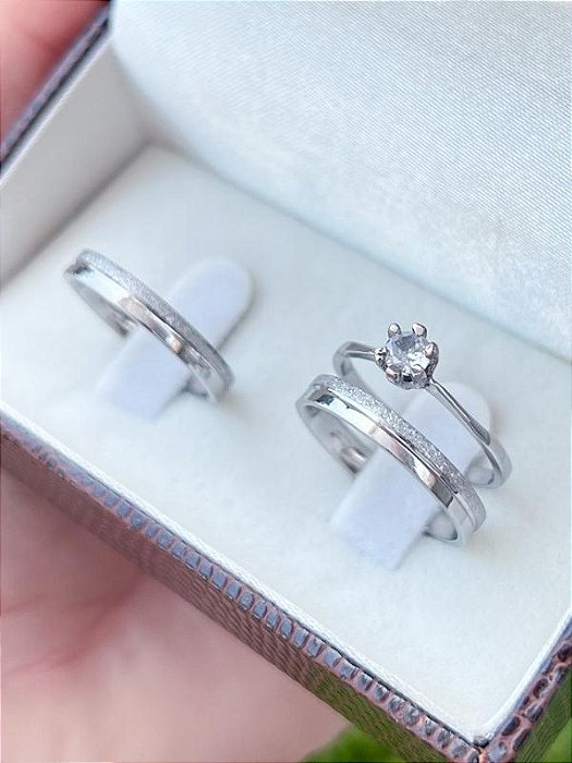Par de Aliança Alice + Solitário cristal - Aço inox