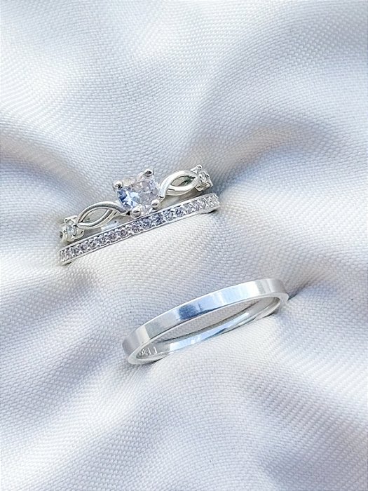 Par de alianças Polônia com pedra + Solitário Love - Prata 950