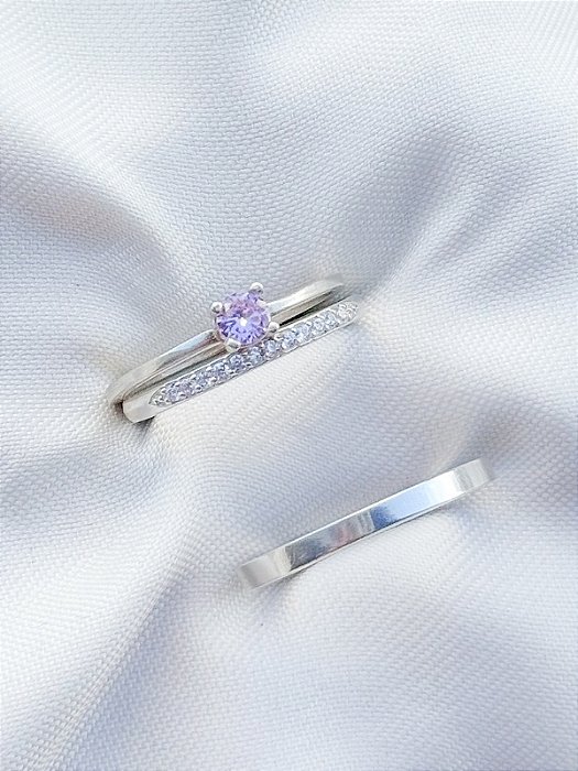 Par de Aliança Rapunzel com pedra + Solitário encanto rosa Claro - Prata 950