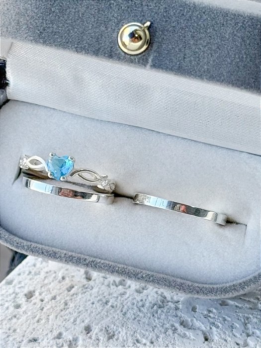 Par de Aliança Holanda 2mm + Solitário Love Azul Claro - Prata 950