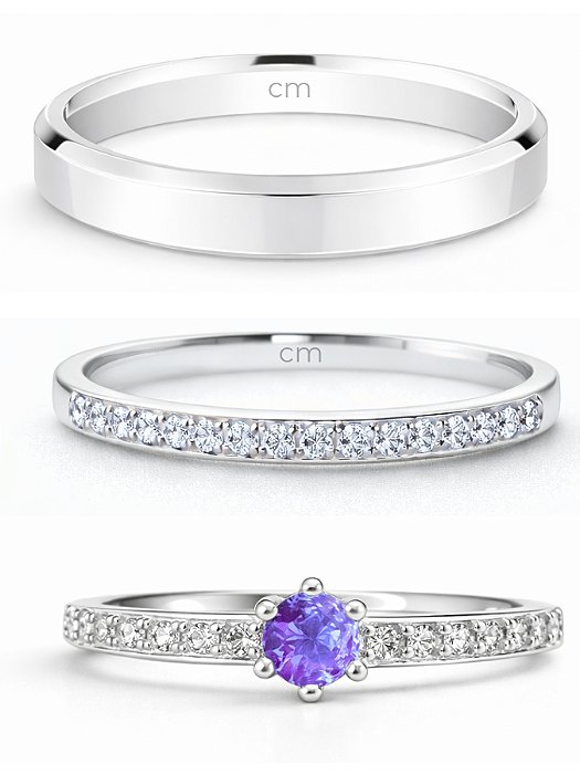 Par de Aliança França Cristal com pedra + Solitário Romantic roxo - Prata 950