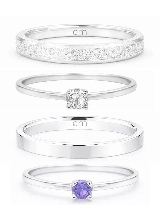 Par de Aliança Snow White 2mm e 3mm + Solitários - Prata 950