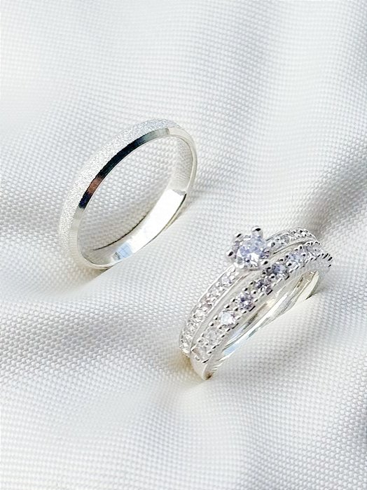 Par de aliança Nobre diamantada + Solitário Rapunzel cristal - Prata 950
