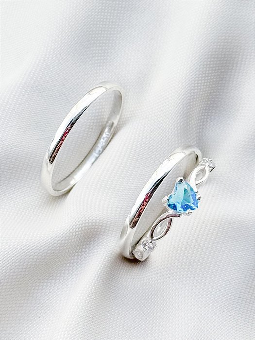 Par de Aliança Julieta 2mm + Solitário Love Azul - Prata 950