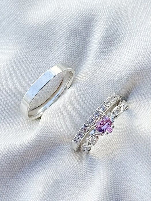 Par de aliança Nobre holanda com pedra + Solitário Love rosa - Prata 950