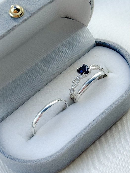 Par de Aliança Julieta 2mm + Solitário Love Black - Prata 950