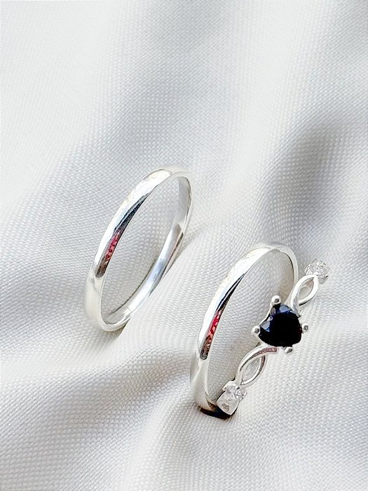 Par de Aliança Julieta 2mm + Solitário Love Black - Prata 950