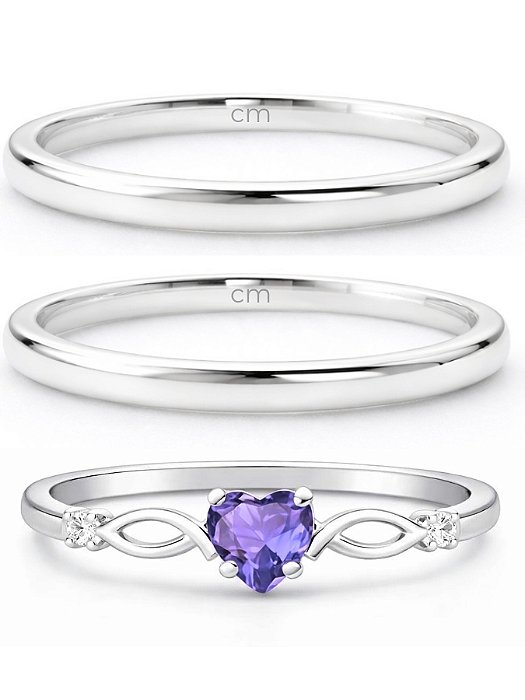 Par de Aliança Julieta 2mm + Solitário Love roxo - Prata 950